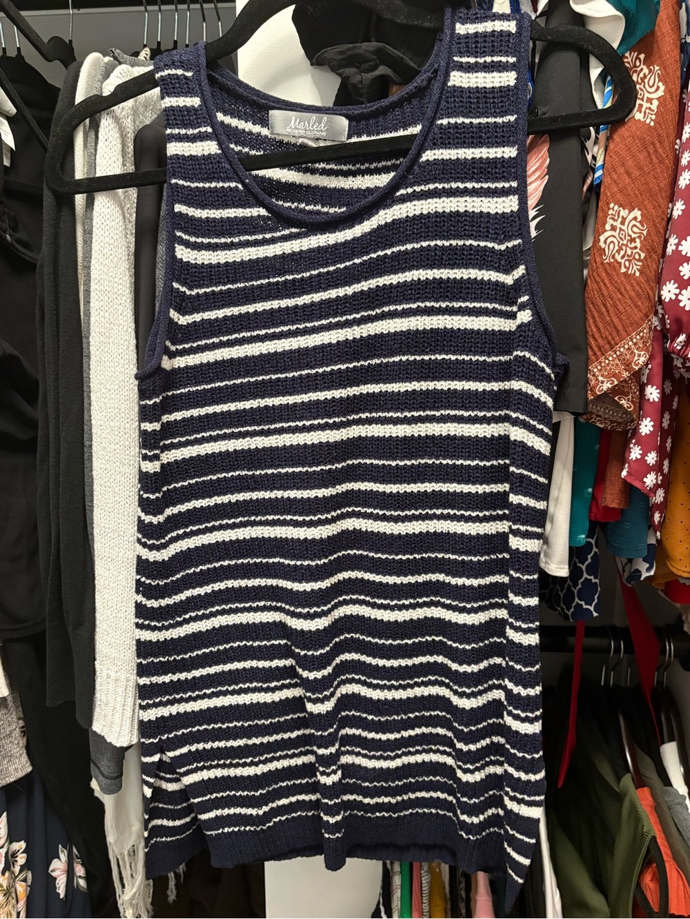 Marled Navy & White Striped Knit Tank